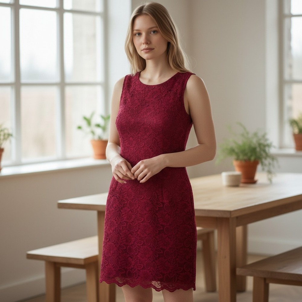 KLEIO floral lace sheath dress women sz S burgundy sleeveless scalloped hem